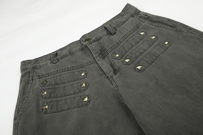 Wide-Leg Studded Denim Pants – Relaxed Fit Vintage American Street Style