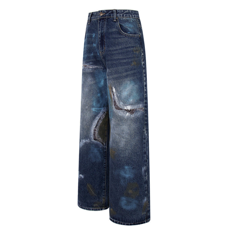Distressed Patch Wide-Leg Jeans – Grunge Punk Washed Denim
