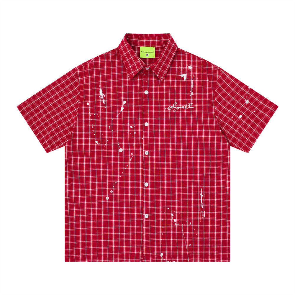 Paint Splatter Plaid Short Sleeve Shirt – Relaxed Fit Street Style