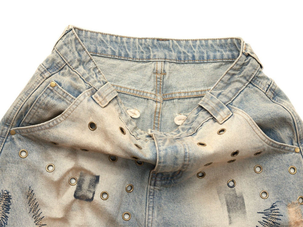 Men's Distressed Wide-Leg Jeans with Chaotic Embroidery & Metal Eyelet Detail