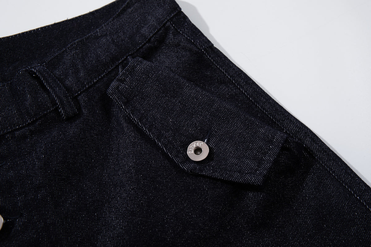 Conjunto de Cazadora Vaquera de Denim Índigo Sin Tratar y Vaqueros de Pierna Ancha con Cierres Metálicos