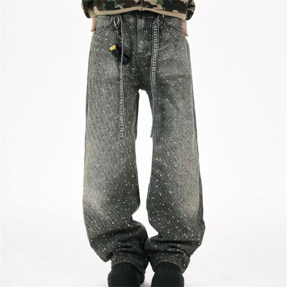 Y2K Baggy Jeans Mens Wide-Leg Rhinestone Embellished Denim Pants