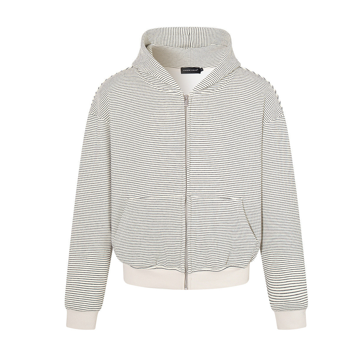 Oversized, kastig geschnittene Kapuzenjacke mit Reißverschluss und feinen Querstreifen in Cremeweiß, Rippbündchen und durchgehendem Frontreißverschluss