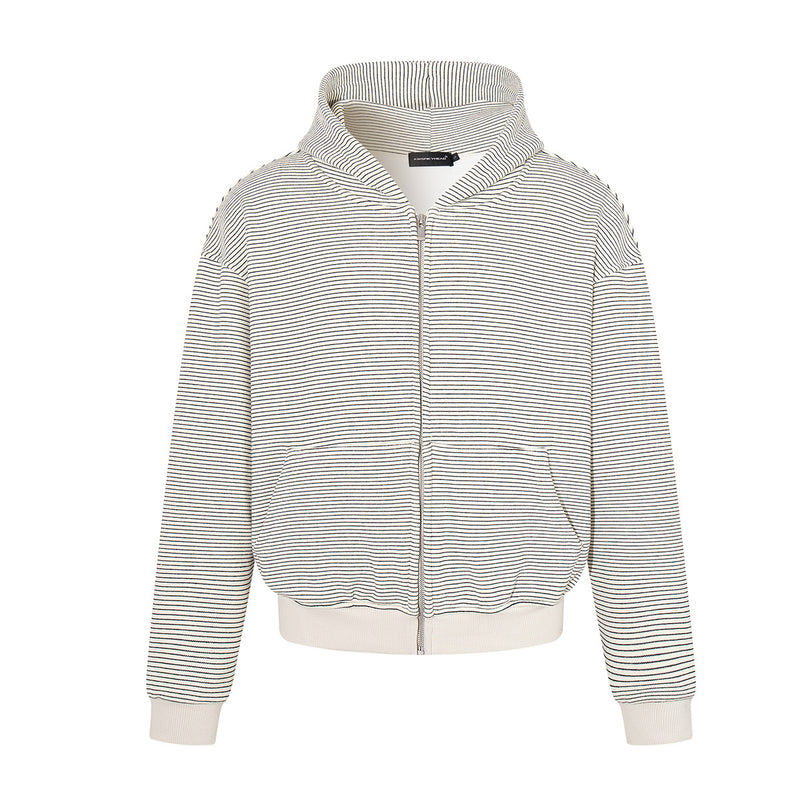 Oversized, kastig geschnittene Kapuzenjacke mit Reißverschluss und feinen Querstreifen in Cremeweiß, Rippbündchen und durchgehendem Frontreißverschluss