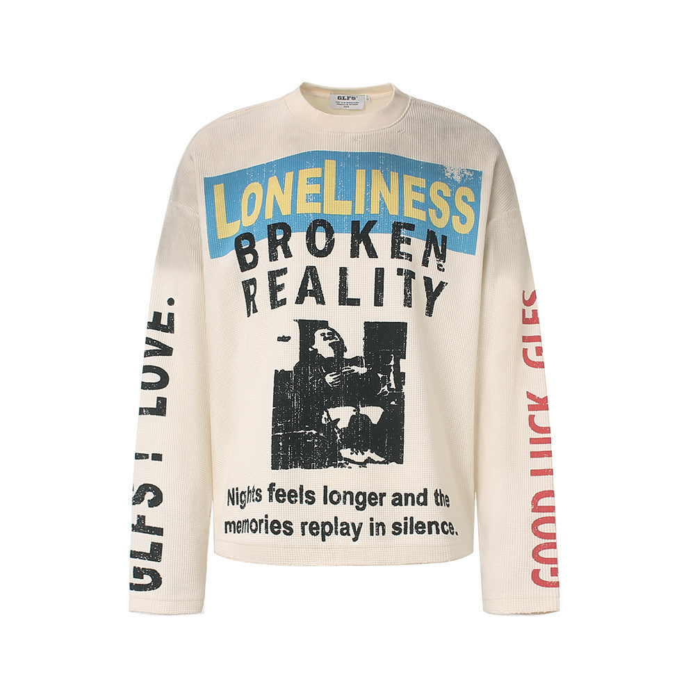 Oversized Herren-Langarmshirt aus Waffelstrick in Apricot mit Loneliness Broken Reality-Print und Spray-Dye-Waschung