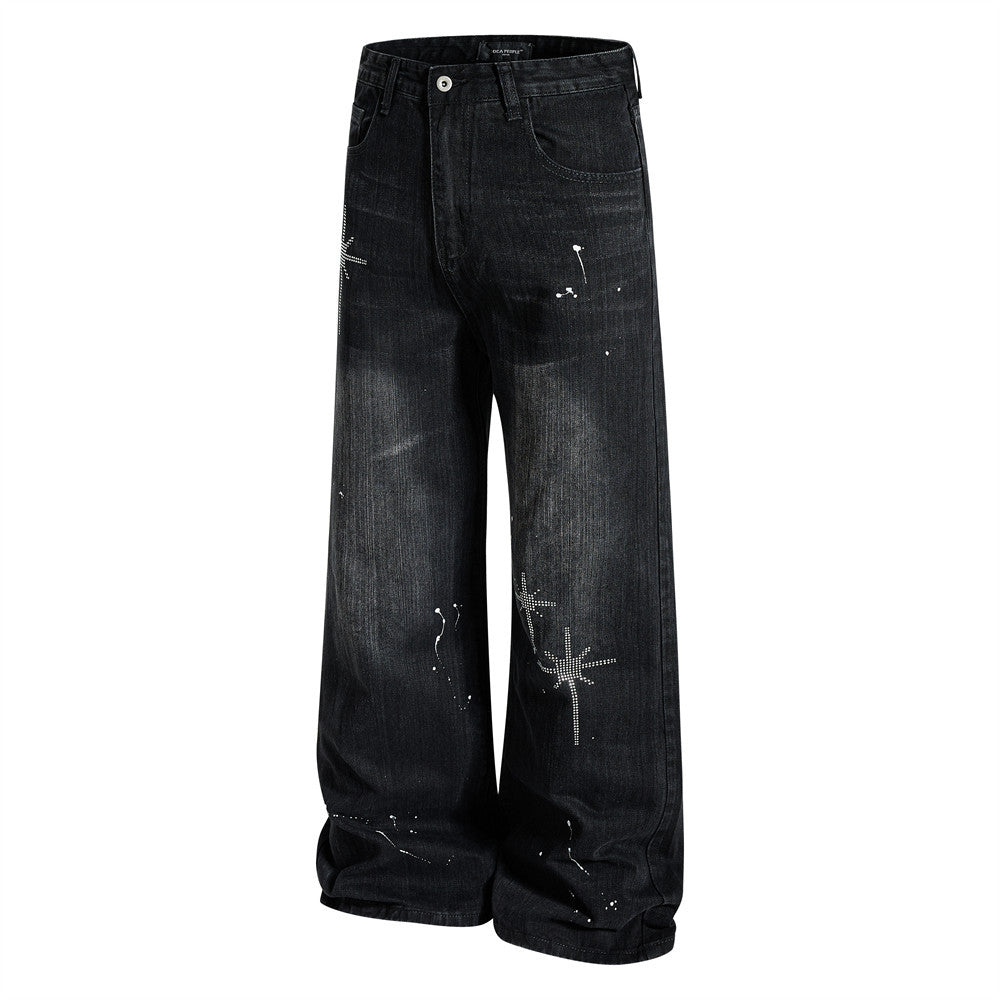 Wide-Leg Jeans Men – Washed Denim, Rhinestone Cross & Paint Splatter Detail