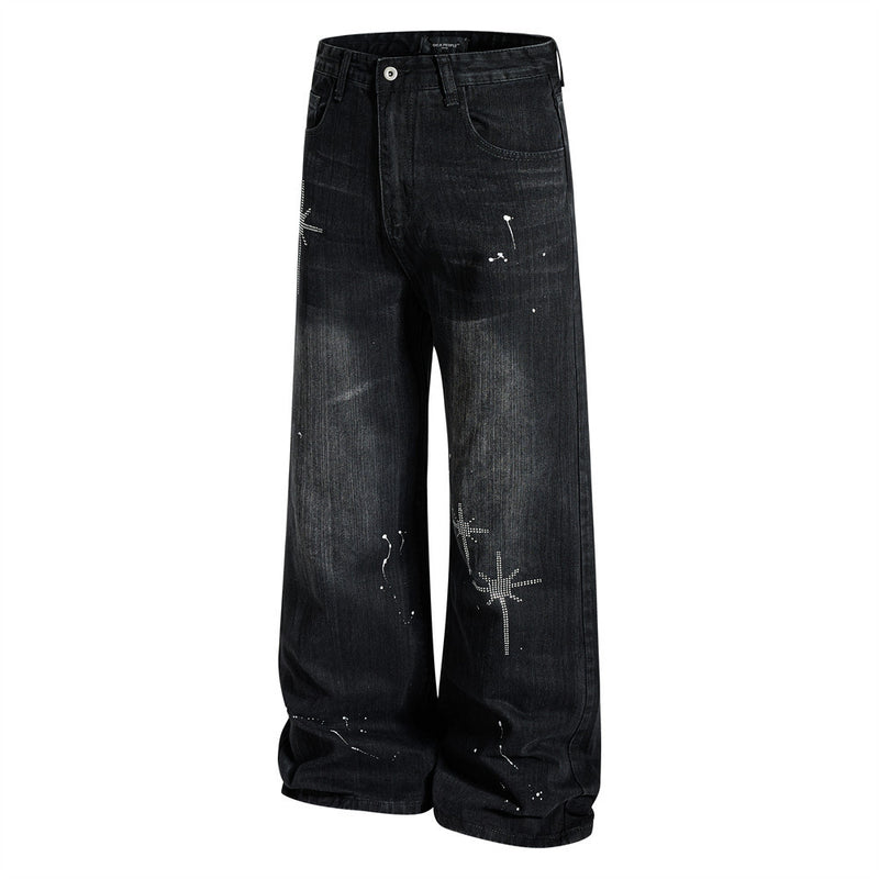 Wide-Leg Jeans Men – Washed Denim, Rhinestone Cross & Paint Splatter Detail