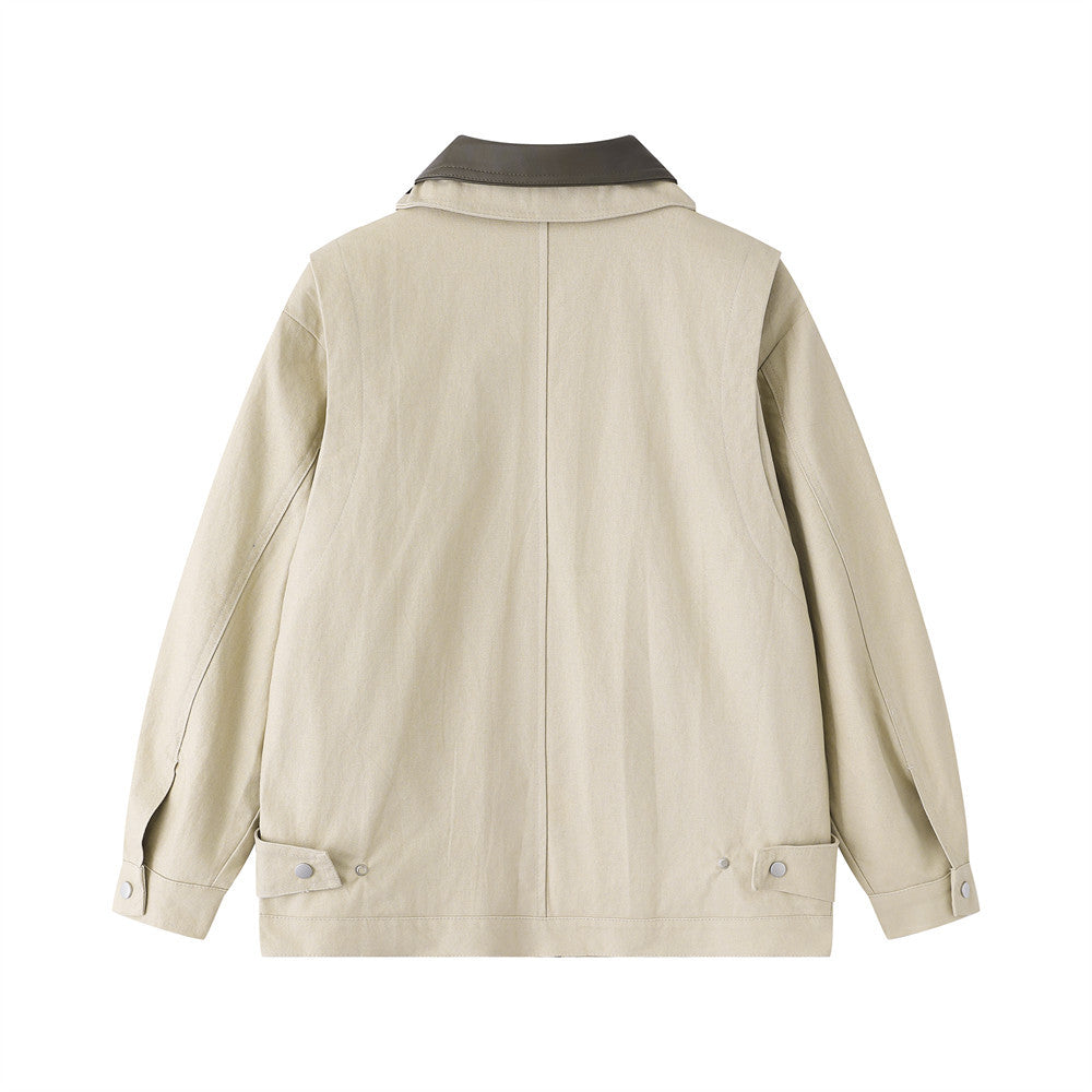 Herrenjacke im dekonstruierten Workwear-Stil – mit Reißverschluss, PU-Lederkragen und entspannter Passform