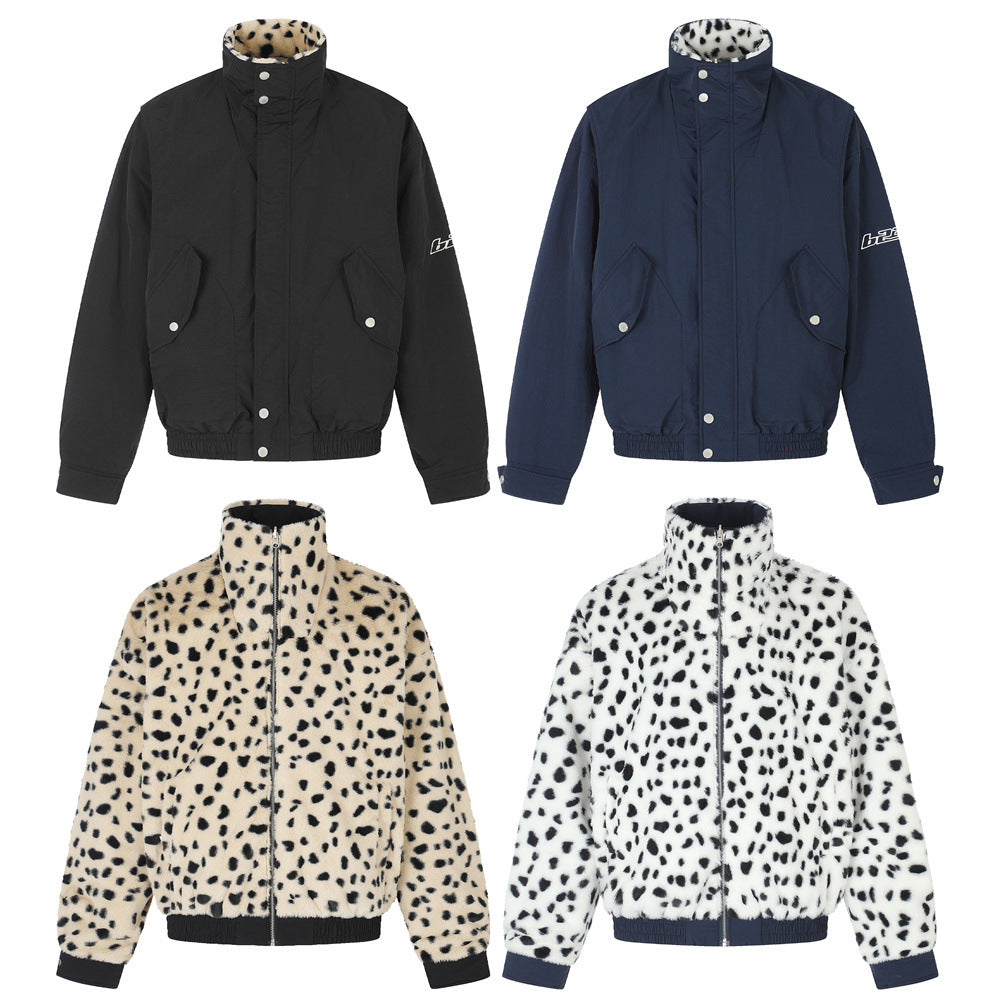 Reversible Stand-Collar Jacket Men's Dalmatian Faux Fur & Nylon Oversized Bomber
