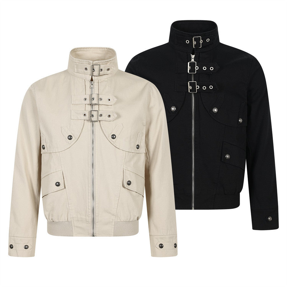 Chaqueta bomber corta para hombre con tiras de hebilla y cuello alto – Cazadora utilitaria con cremallera
