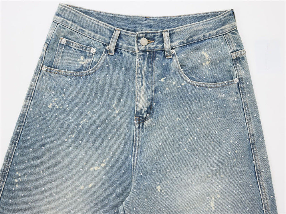 Wide-Leg Paint Splatter Jeans – Men's High-Street Light Blue Washed Denim