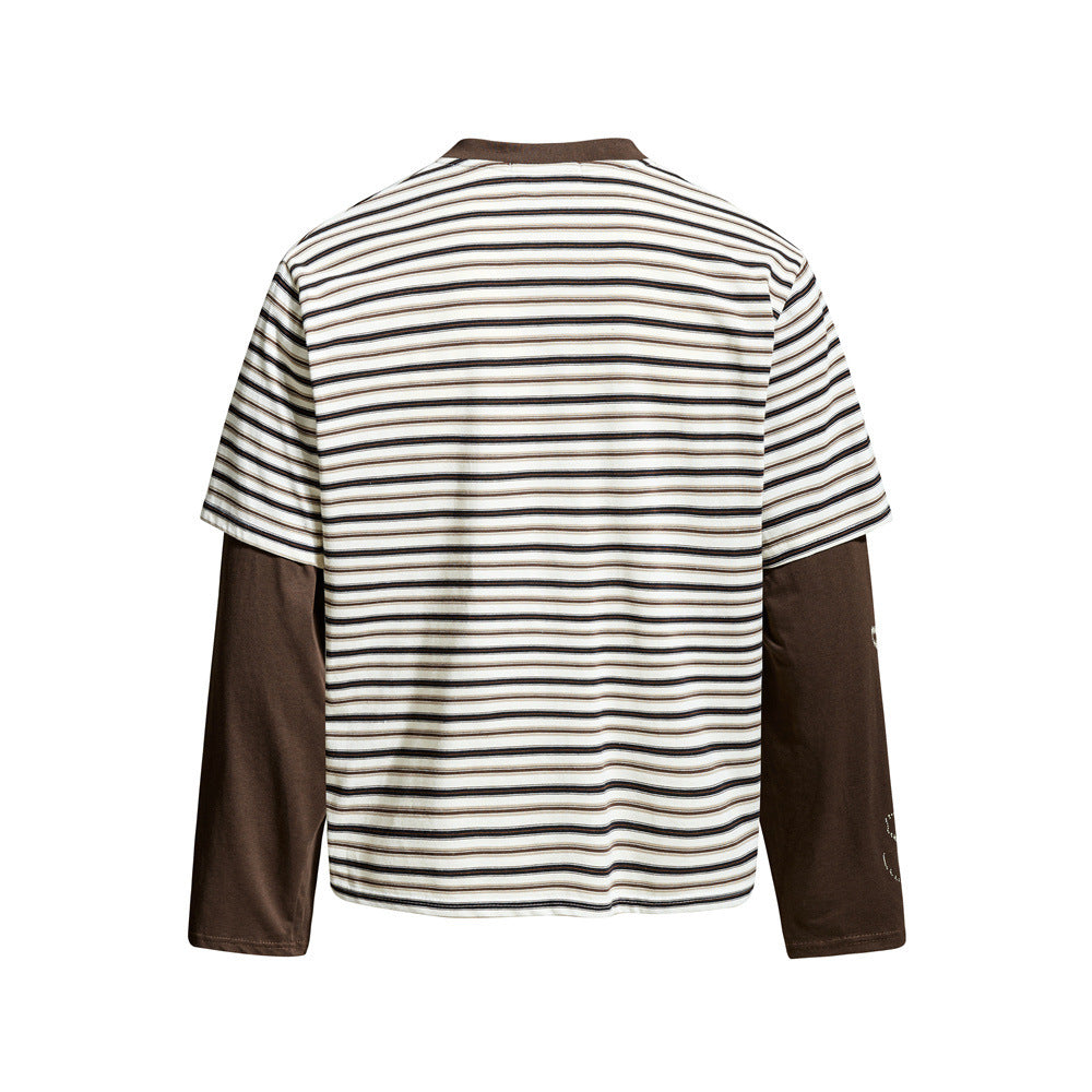 Cream striped Henley t-shirt with brown long sleeves, back view