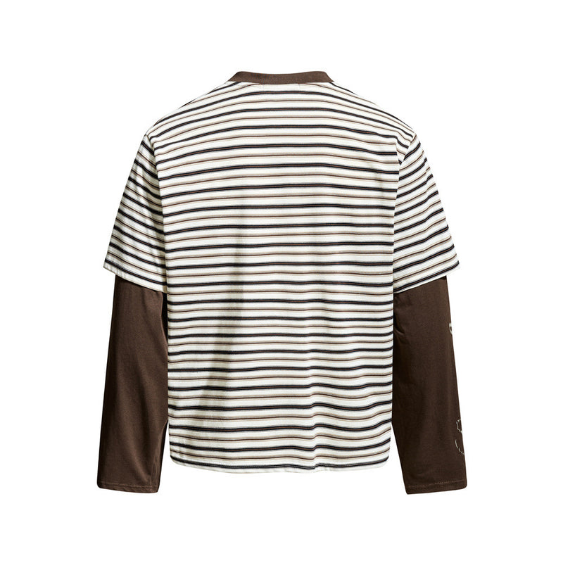 Cream striped Henley t-shirt with brown long sleeves, back view