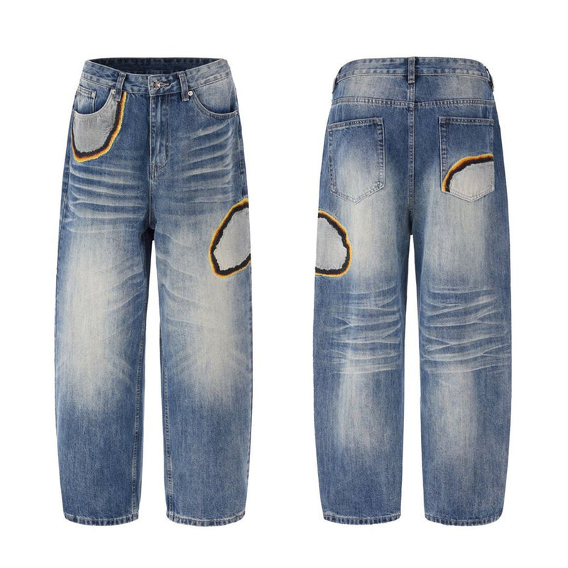 Men's Baggy Straight-Leg Jeans with Embroidered Patch Detail – Distressed Blue