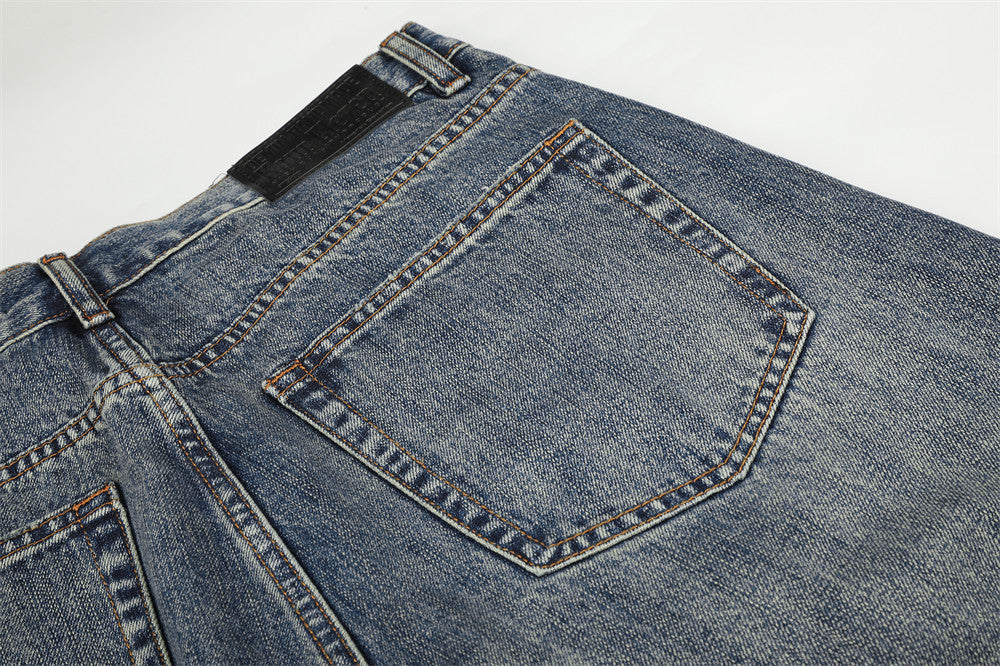 Wide-Leg Jeans Button-Fly Vintage Washed Distressed Denim