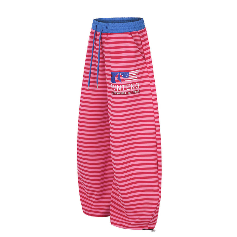 Men's Striped Wide-Leg Sweatpants with Star & Letter Embroidery – American