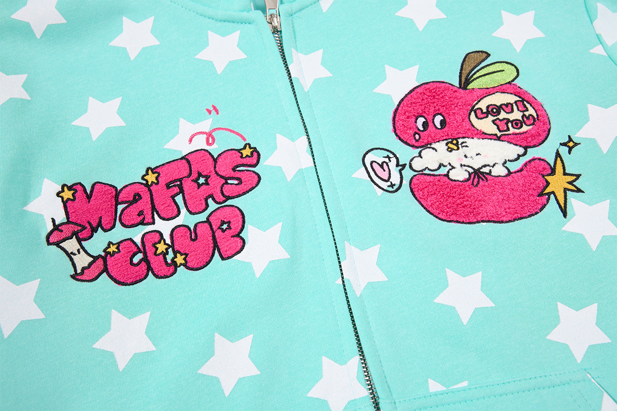 Sweat court zippé à imprimé étoiles avec pomme – Streetwear kawaii
