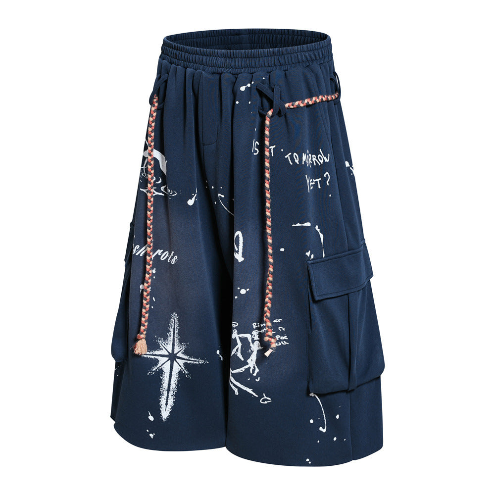 Hand-Drawn Graffiti Cargo Shorts – Wide Leg Streetwear with Rope Drawstring