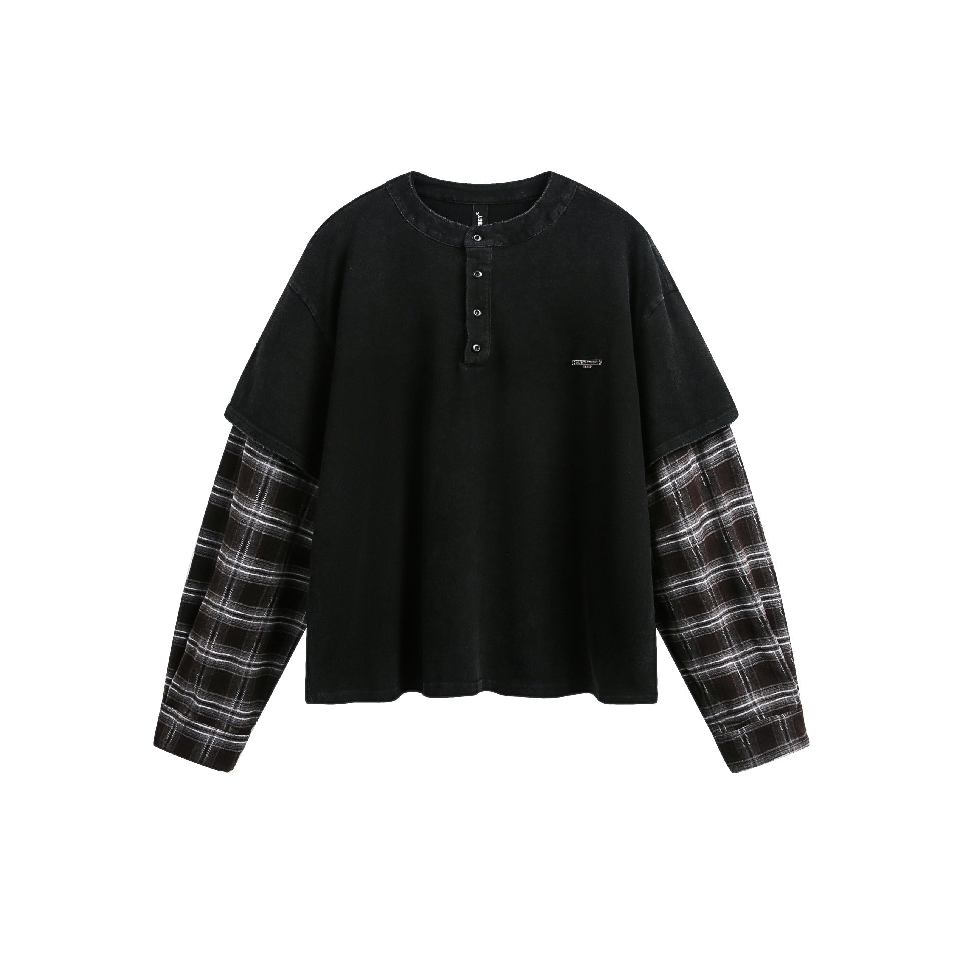T-shirt Henley manches longues à effet superposé, à carreaux et délavé – Chemise streetwear oversize