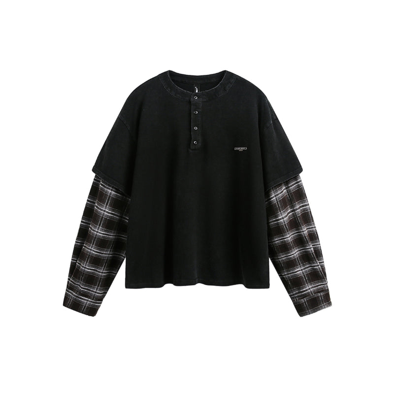 T-shirt Henley manches longues à effet superposé, à carreaux et délavé – Chemise streetwear oversize
