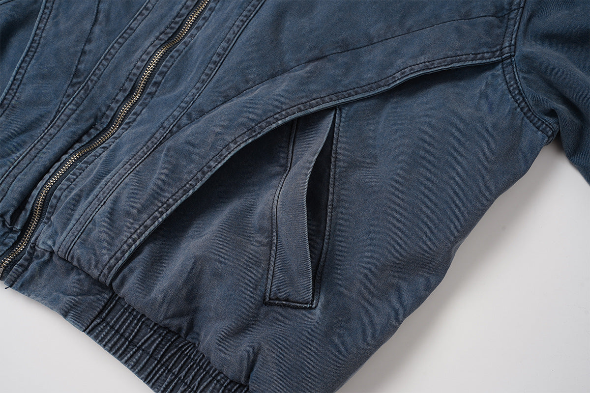 Veste bomber en denim délavé avec col en similicuir tressé – Vintage déconstruit