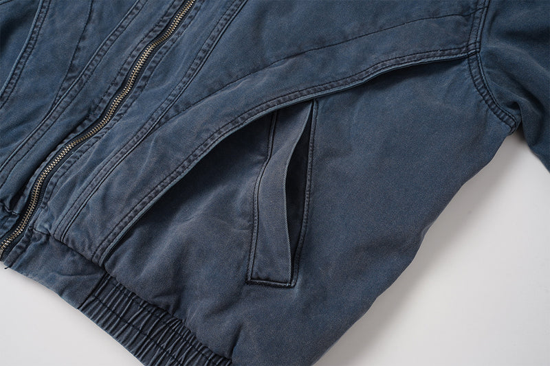 Veste bomber en denim délavé avec col en similicuir tressé – Vintage déconstruit