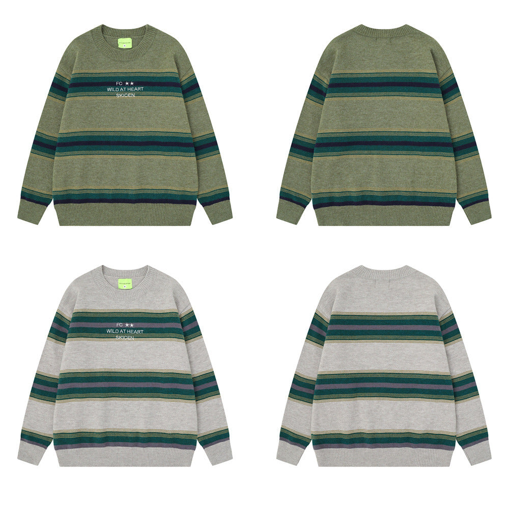 Men's relaxed fit striped crew neck knit sweater in olive green with teal, navy, and mustard horizontal stripes and embroider