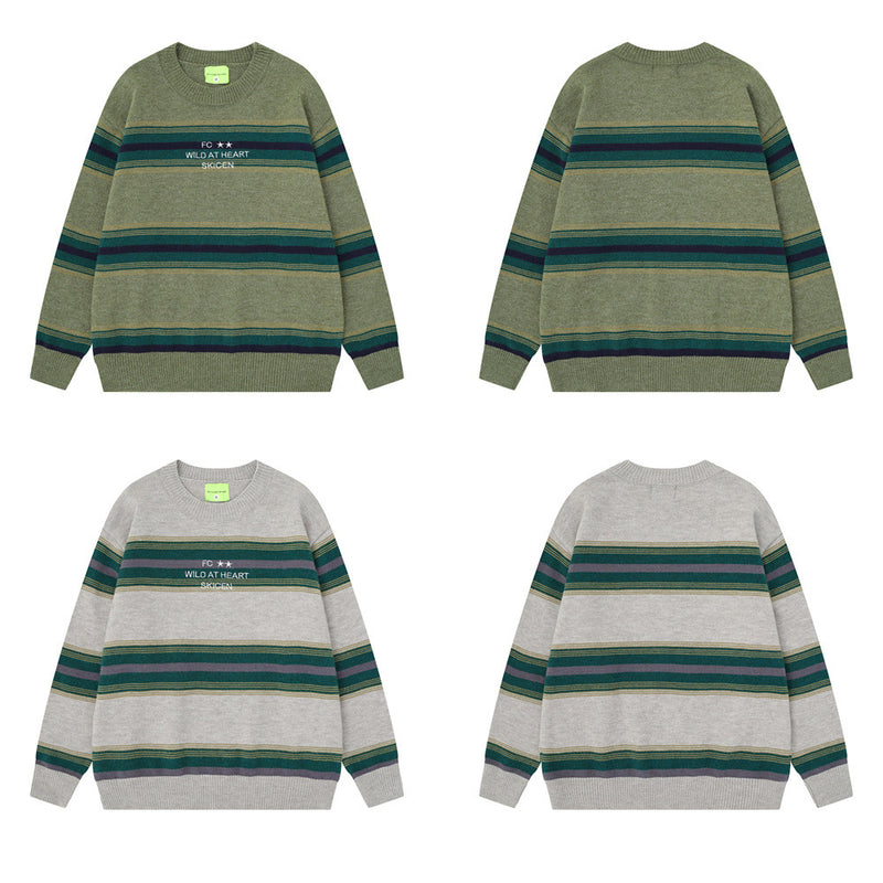 Men's relaxed fit striped crew neck knit sweater in olive green with teal, navy, and mustard horizontal stripes and embroider