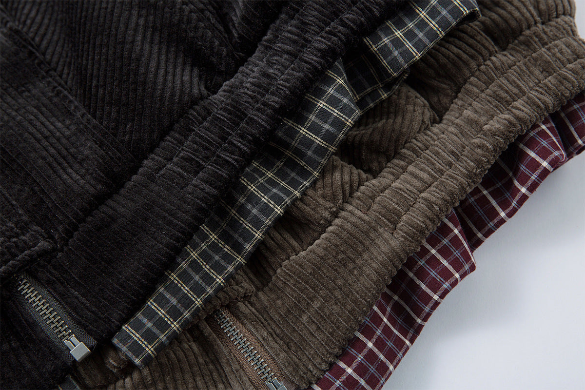 Corduroy Boxy Jacket with Plaid Contrast Lining – Retro American Style