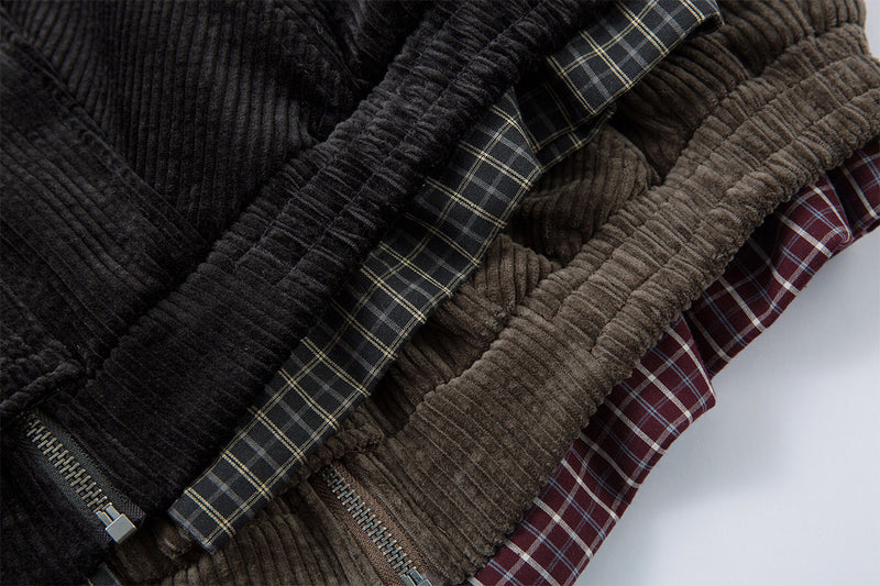 Corduroy Boxy Jacket with Plaid Contrast Lining – Retro American Style