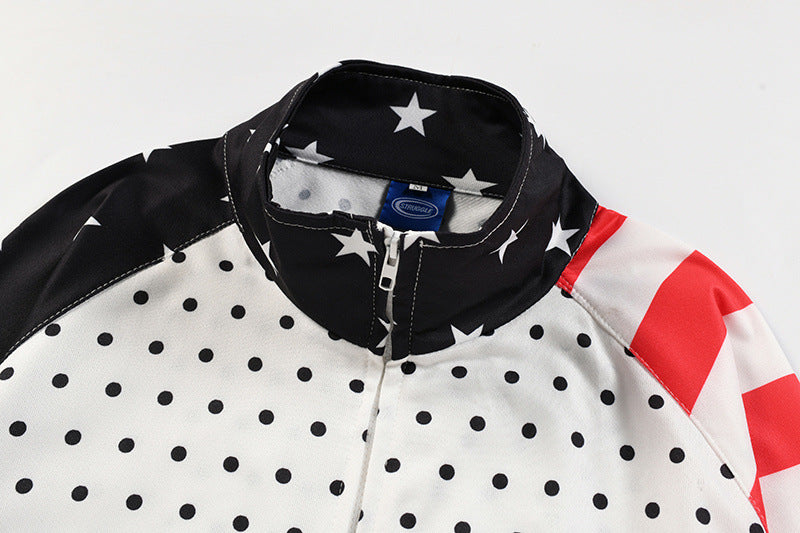 Polka Dot Colorblock Stand Collar Zip-Up Jacket – Stars & Stripes Patchwork