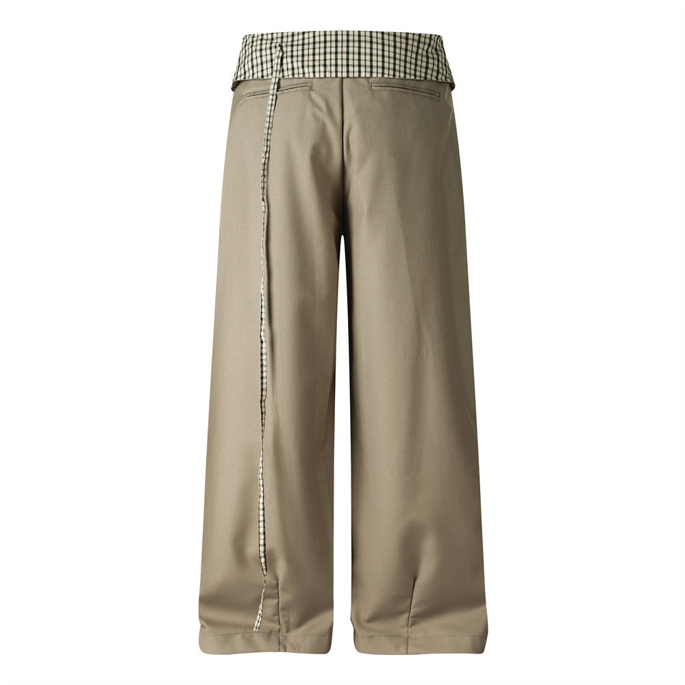Wide-Leg Trousers with Gingham Fold-Over Waistband – Relaxed Drape Dress Pants