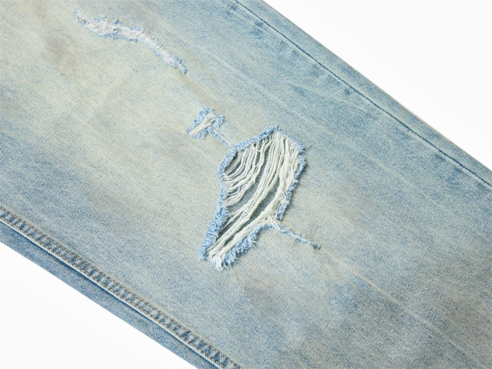 Wide-Leg Distressed Jeans – Light Wash Vintage Ripped Straight Denim