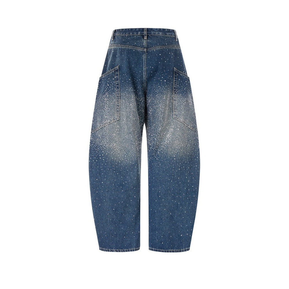 Rhinestone Wide-Leg Jeans – Men's Distressed Denim with Large Cargo Pockets &