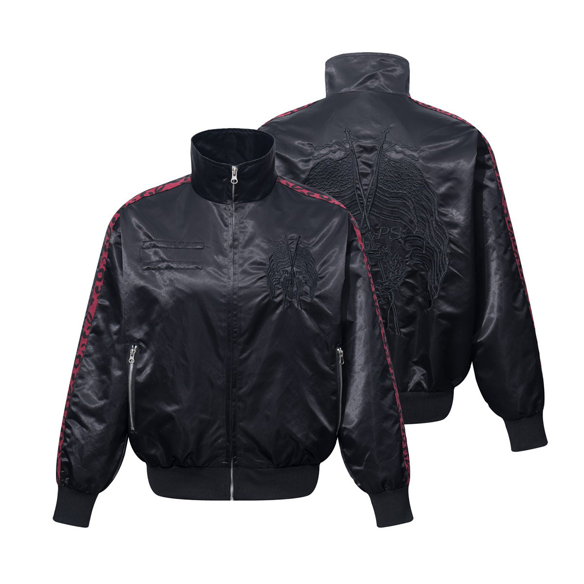 Blouson bomber satiné brodé à col montant et bandes léopard