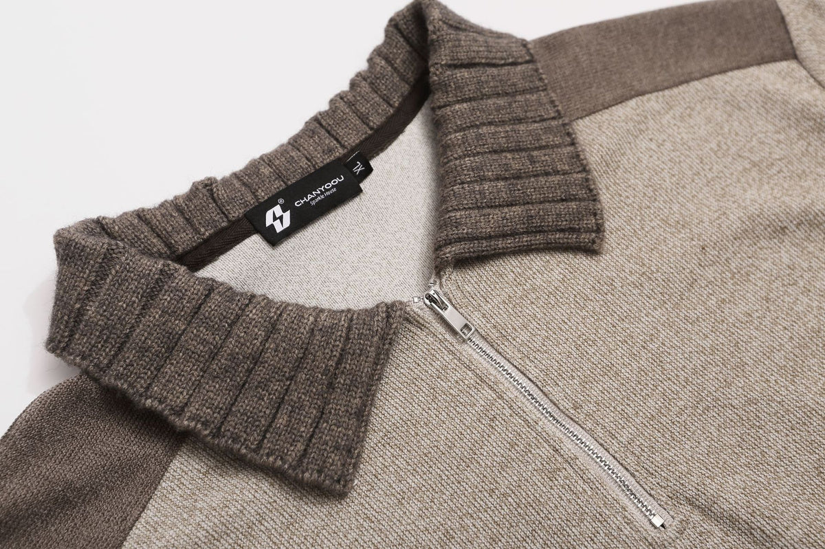 Half-Zip Polo Collar Knit Sweater – Colorblock Long Sleeve Pullover