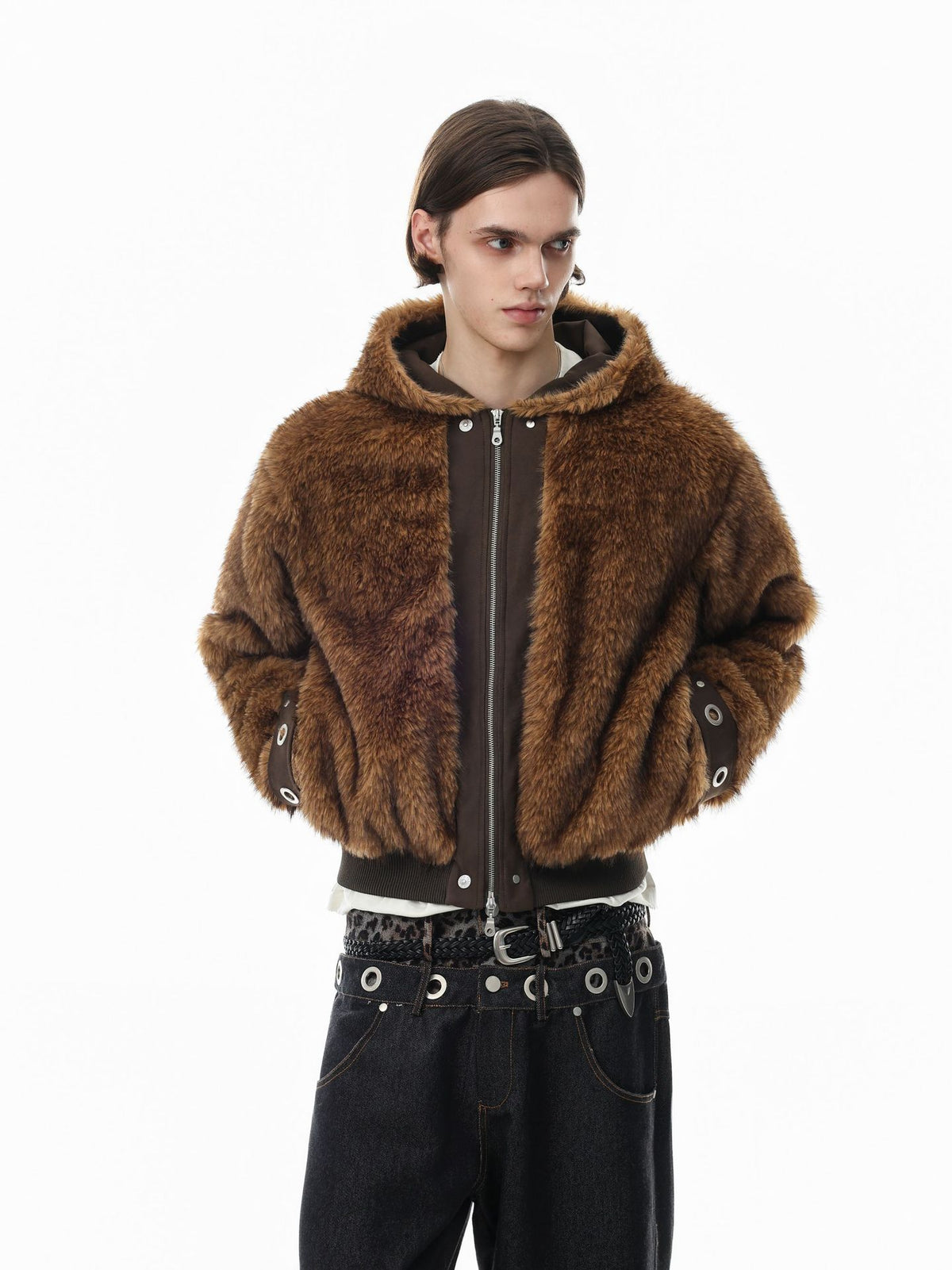 Brown oversized faux fur hooded bomber jacket with silver zip and grommet cuffs, front and back view
