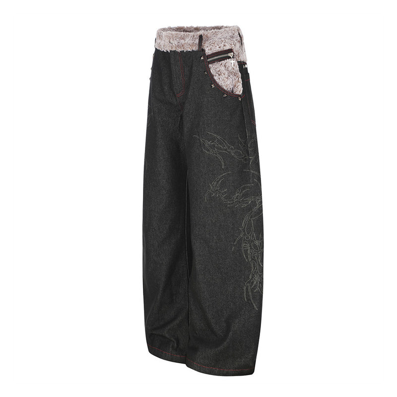 Schwarze Wide-Leg-Jeans mit Kunstfell-Kontrastbund und Nieten-Details