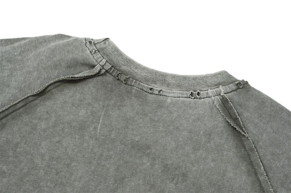 T-shirt manches longues à double épaisseur effet superposé, délavé à l’acide – Col ras-du-cou punk pour homme à ourlet brut