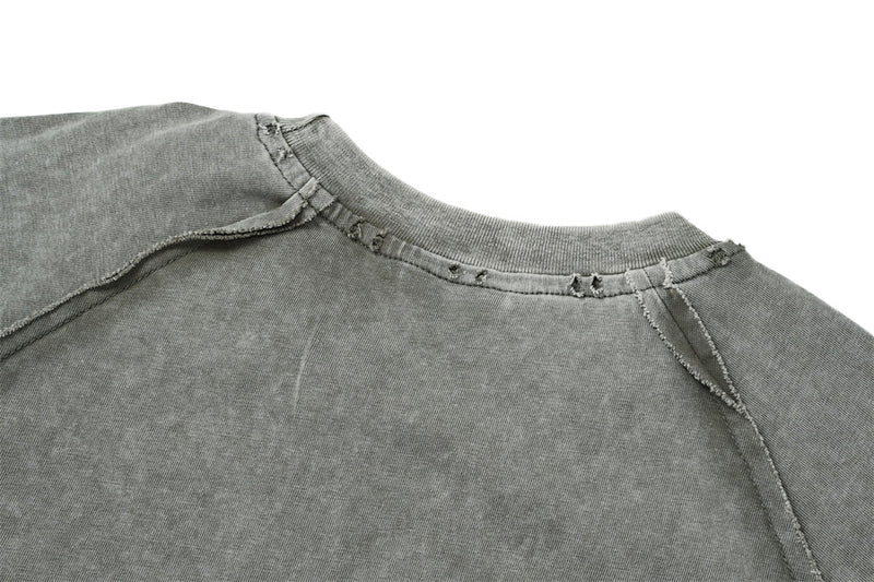 T-shirt manches longues à double épaisseur effet superposé, délavé à l’acide – Col ras-du-cou punk pour homme à ourlet brut