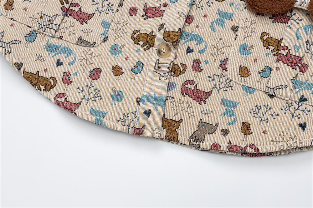Cartoon Cat Allover Print Jacket with Fleece Collar & 3D Bear Clasp, Relaxed Fit