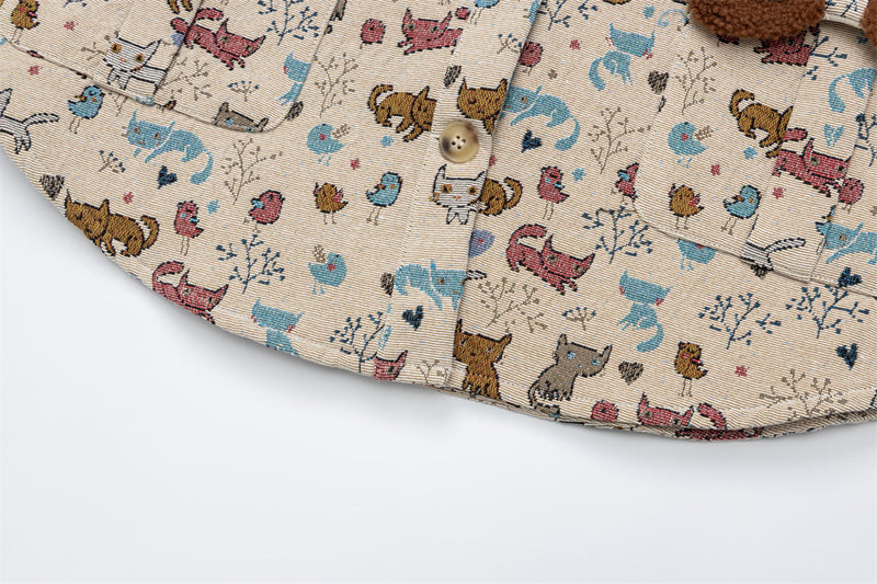 Cartoon Cat Allover Print Jacket with Fleece Collar & 3D Bear Clasp, Relaxed Fit