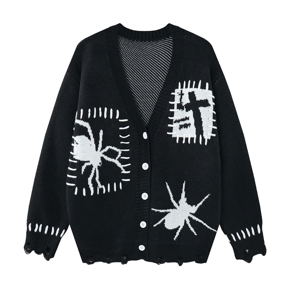 Cárdigan de punto oversize de hombre con cuello de pico, gráficos jacquard de araña y cruz y bajo desgastado en negro
