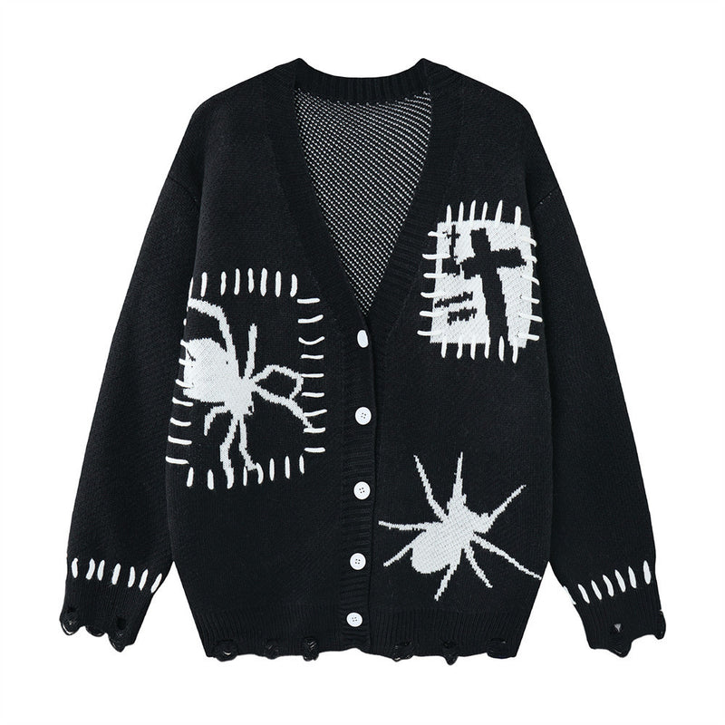 Cárdigan de punto oversize de hombre con cuello de pico, gráficos jacquard de araña y cruz y bajo desgastado en negro