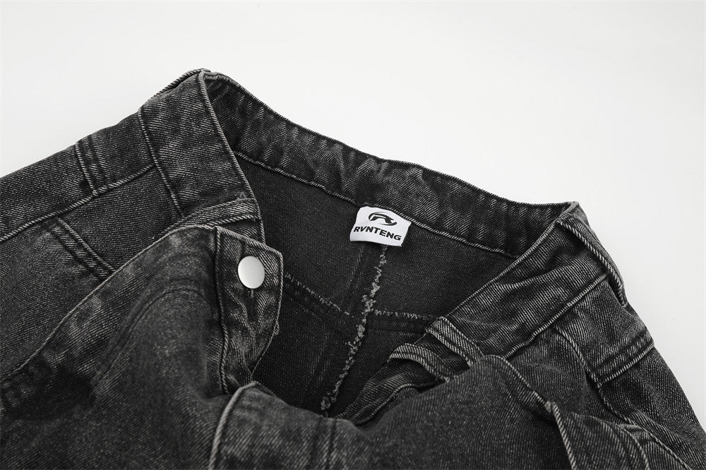 Deconstructed Cargo Denim Shorts – Multi-Pocket Punk Distressed Wide Leg