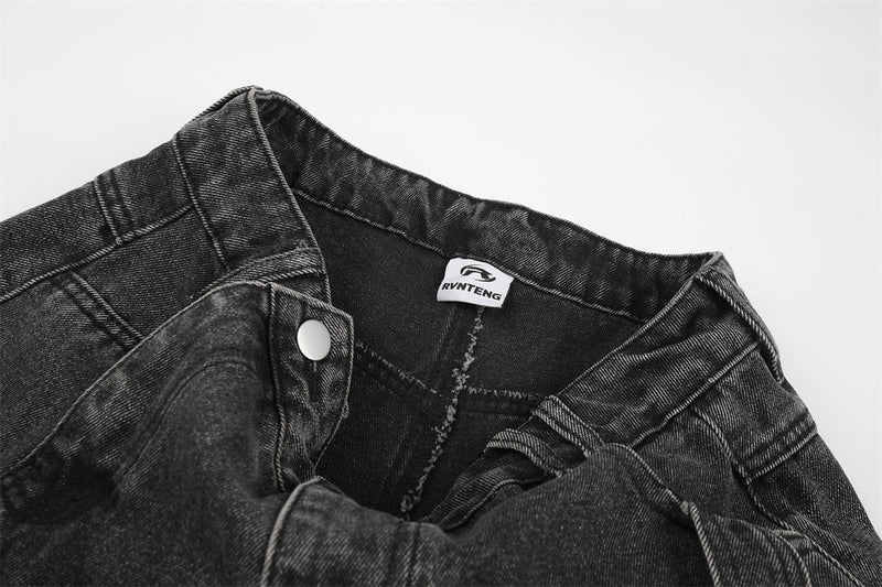 Deconstructed Cargo Denim Shorts – Multi-Pocket Punk Distressed Wide Leg