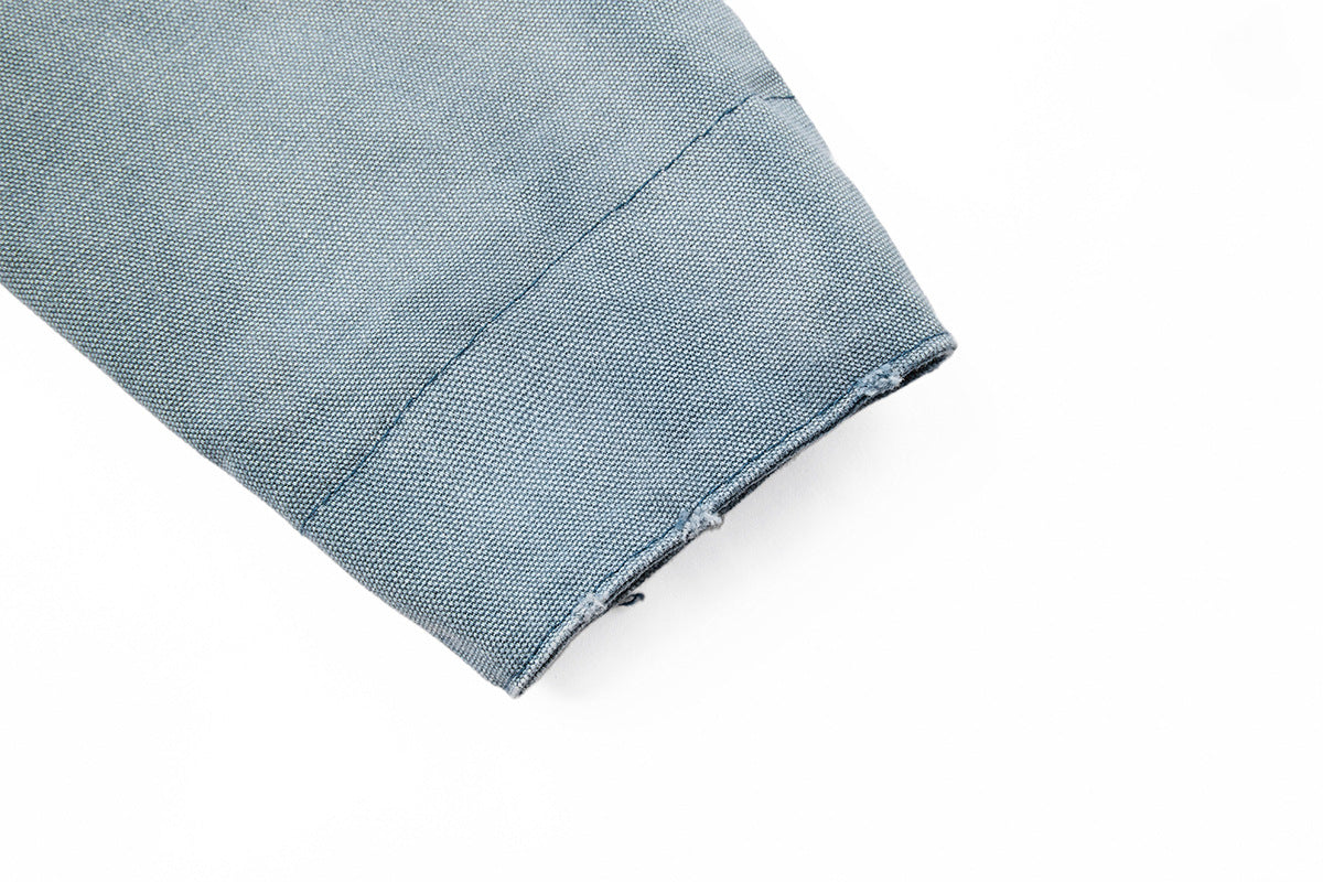 Boxy Washed Denim Workwear Jacket with Corduroy Collar & Clasp Closure