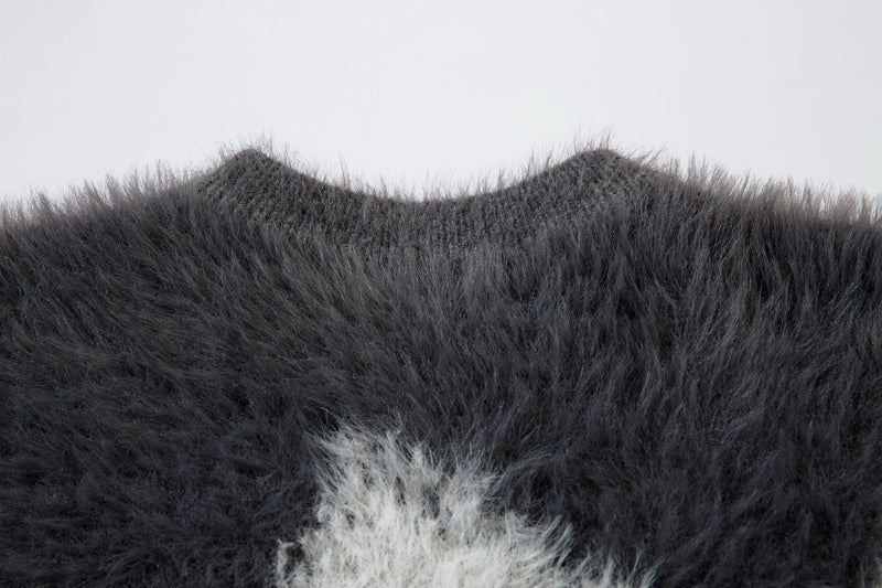 Pull en maille pelucheuse à motif vague abstrait – Modèle oversize