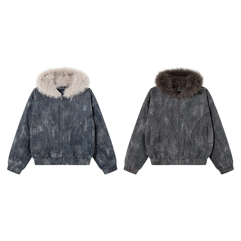 Washed Denim Bomber Jacket with Faux Fur Hood – Vintage American Style
