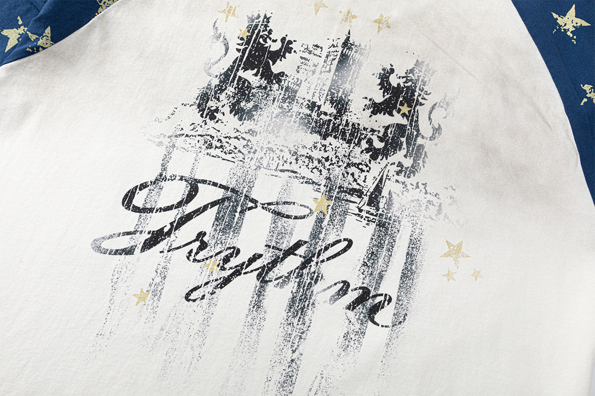 Long Sleeve Raglan Tee – Star-Print Sleeves & Vintage Heraldic Graphic